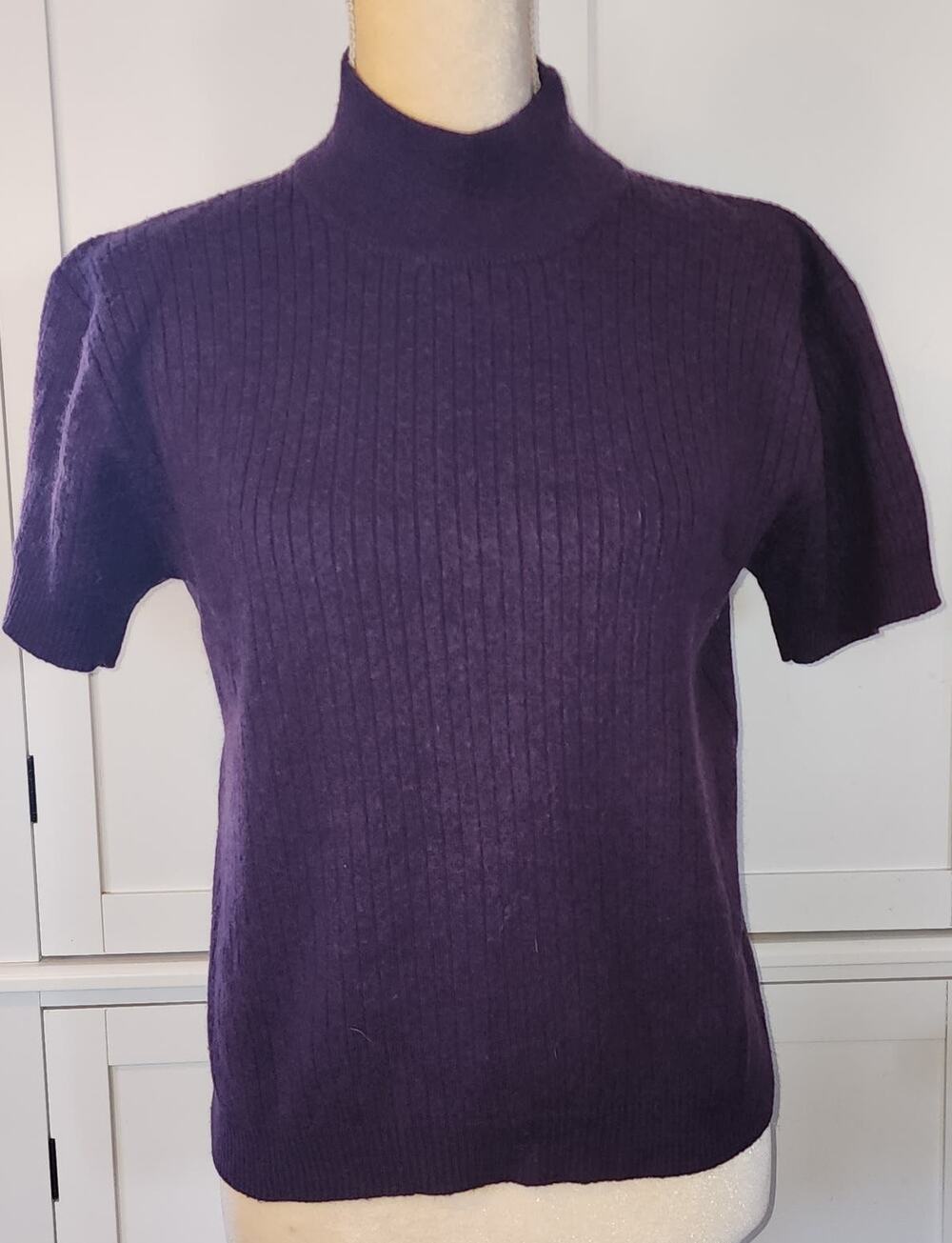 Katherine Bishop Women's Wool Purple Short Fitted Sleeve Ribbed Sweater Size XL